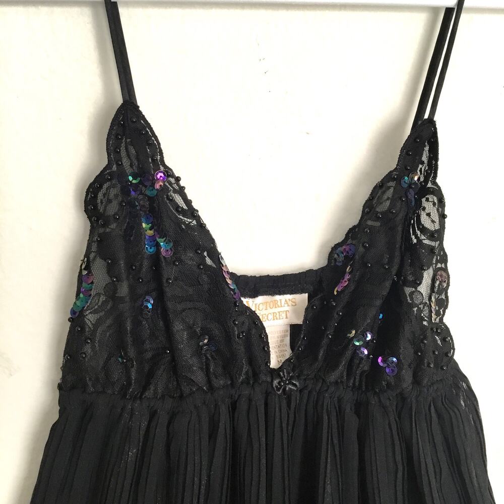 Victoria's Secret Vintage Black Pleated Chiffon Maxi Nightgown Sz M - Picture 2 of 6
